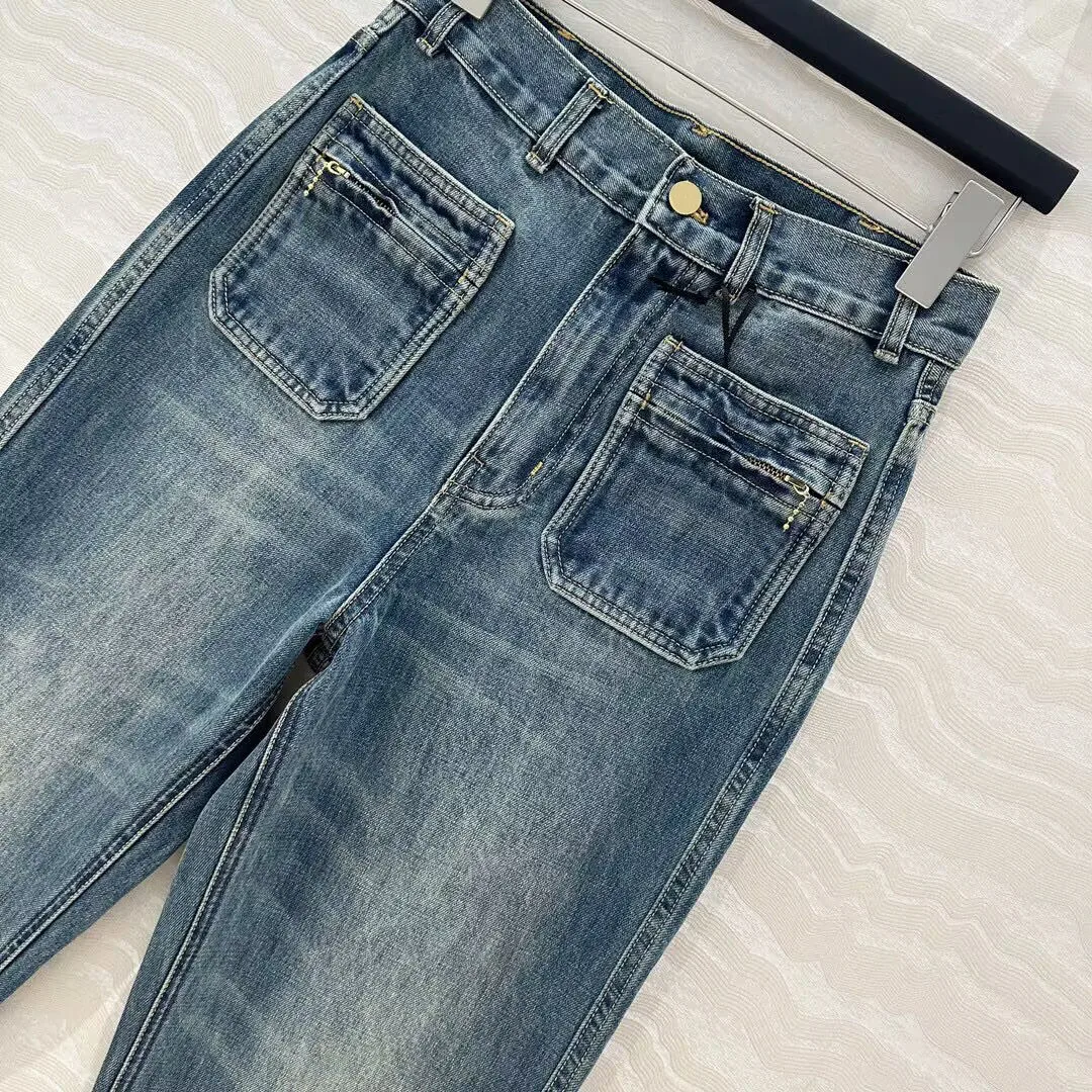 Spring Fashion Design Washed Blue Straight Jeans Women High Waist Gold Button Zipper Pockets Vintage Denim Pants