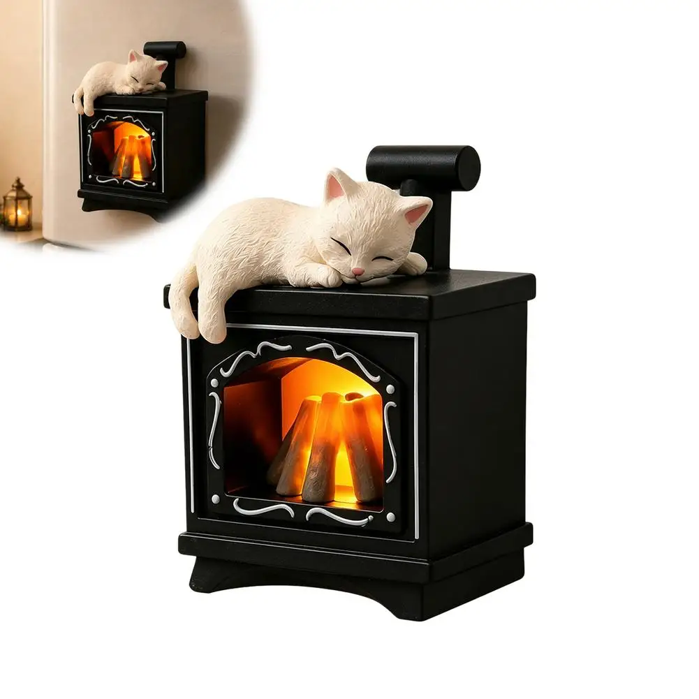 Cute Kitten Fireplace Refrigerator Magnet Mini Glowing Hearth Night Light Strong Magnetic Storage Cabinet Light Button Battery