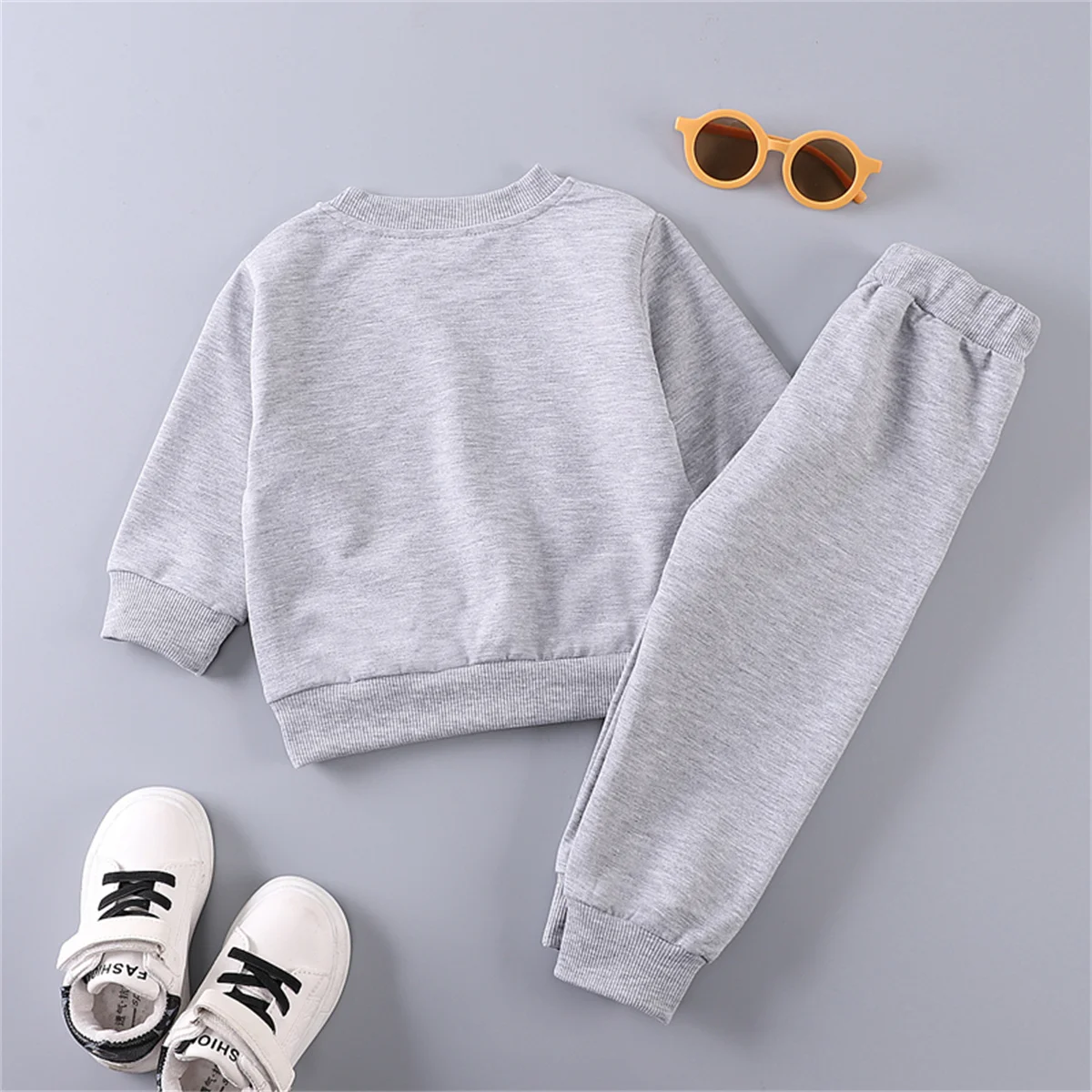 2PCS Spring and Autumn Baby Children\'s Long sleeved Simple Solid Color Polyester Little Bear Embroidered Hoodie Set of Two