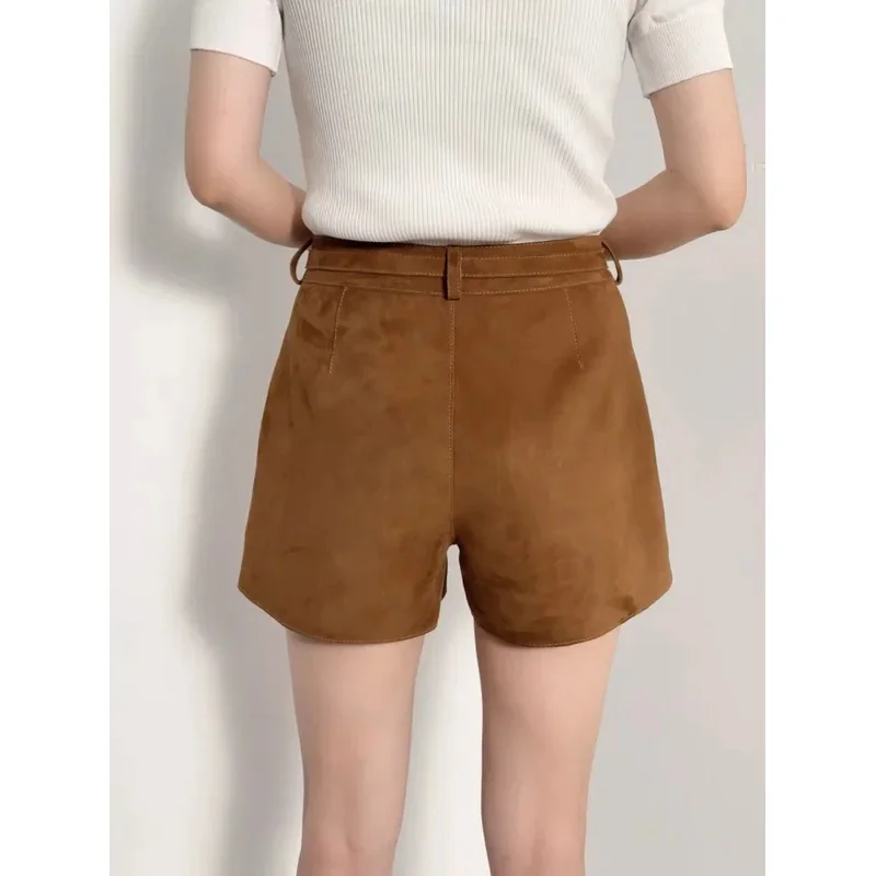 2026 High Quality Genuine Kid Suede Sheepskin Shorts Spring Summer Women Coffee Retro Fashion Casual  Short Leather Pants Sashes
