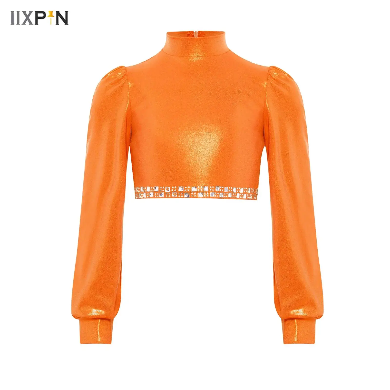 

Kids Girls Jazz Dance Crop Top Ballet Performance Costume Shiny Rhinestones Metallic Mock Neck Long Sleeves Zipper Back Shirts