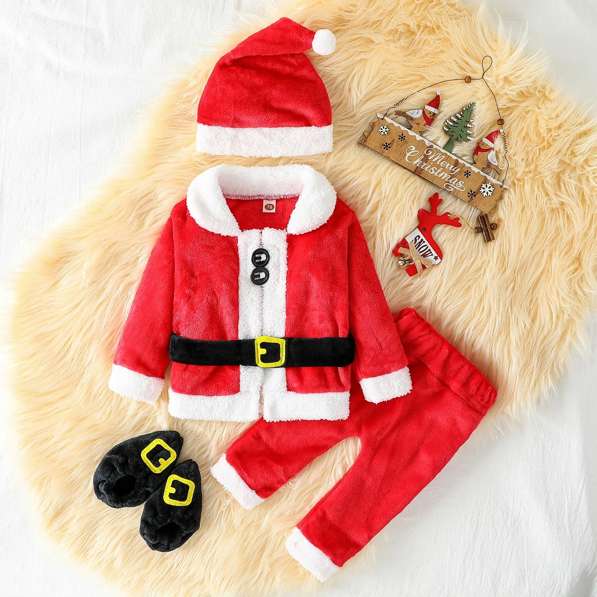 

5Pcs Baby Boys/Girls Christmas Clothes Santa Claus Soft Plush Costume Set Warm Red Outfits Performance Clothing For 0-1Y Suit