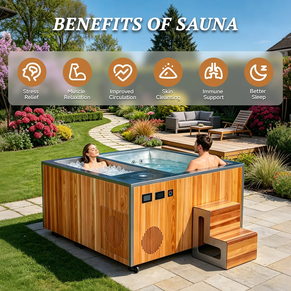 Luxury Red Cedar Spa Recovery Tub Dual Zone Hot Tub and Cold Plunge with 1HP Chiller Massage Jets