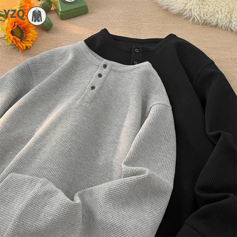 Oversized Round Neck Long Sleeve Top For Males Waffle Knit Three Button Placket Youth Trend Simple Casual Outfit