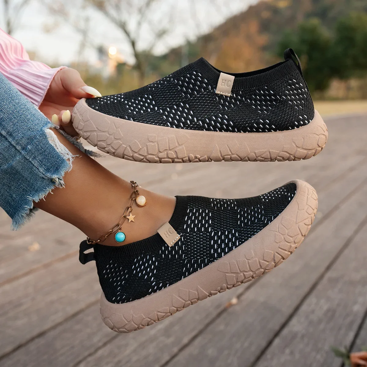 Atmungsaktive Damen-Slip-On-Sneaker mit Plateau, dicker Gummisohle, leicht, rutschfest, für Outdoor, Walking, Alltag und Freizeit – Detail 7