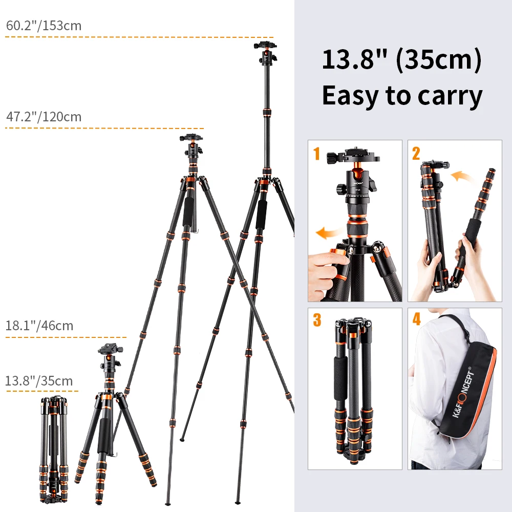 K&F Concept Carbon Fiber Camera Tripod for DSLR Portable  Lightweight Portable Travel Tripod with 360 Degree Panorama Ball Head