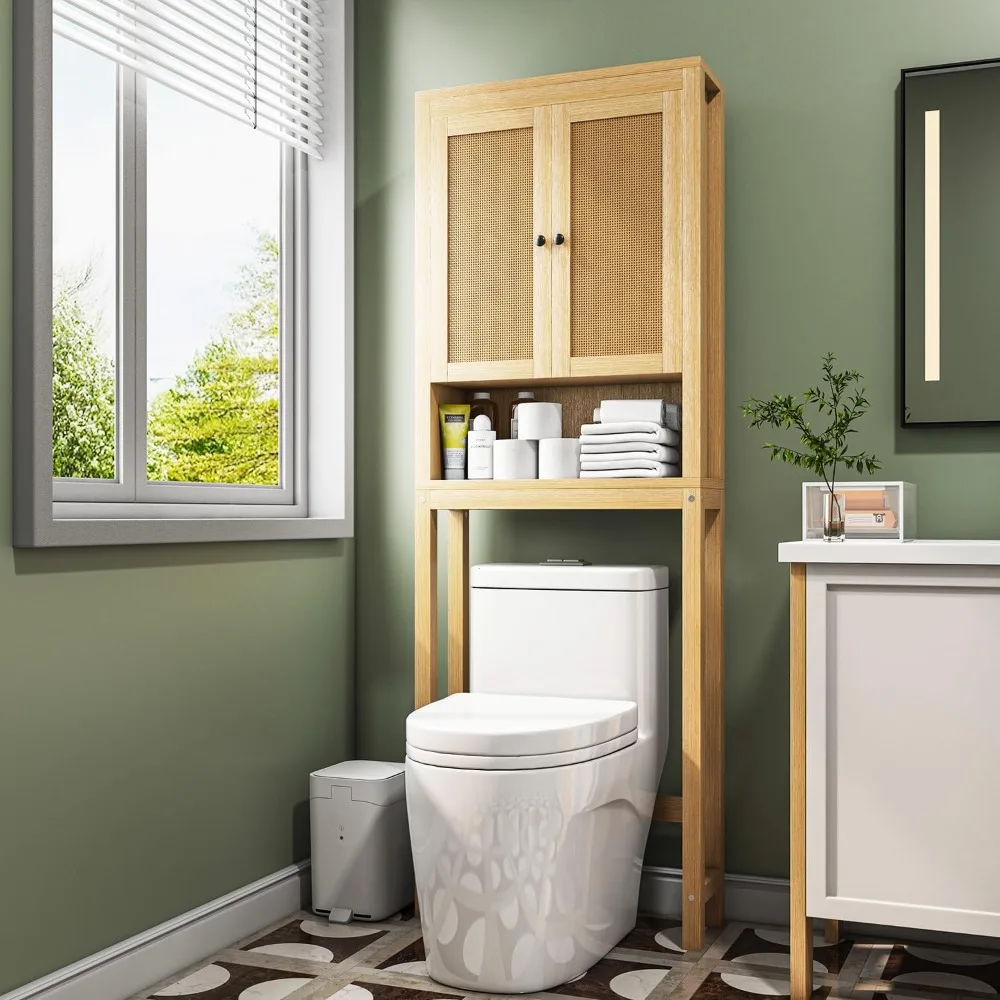 

Rattan Over The Toilet Storage Cabinet, Above Toilet Bathroom Organizer with Adjustable Shelf, Behind Toilet Cabinet, Space Save