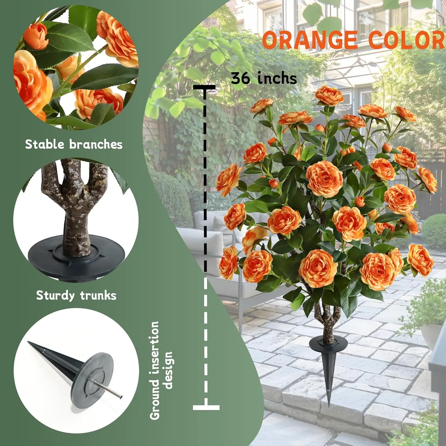 Artificial Camellia Flower Plants Artificial Tree, 【 2 Pack 】 Faux Floral Plant Blooming Camellia 36 Inch with Orange Blossom In