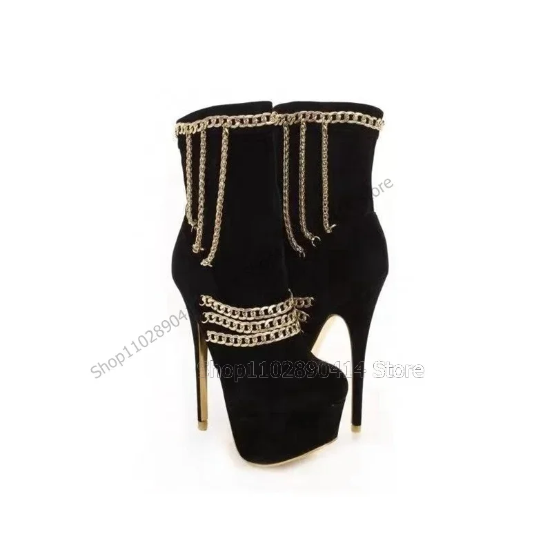 

Gold Chain Decor Multi Colors Platform Boots Mid Calf Slip On Women Shoes Stilettos High Heels Fashion 2023 Zapatos Para Mujere
