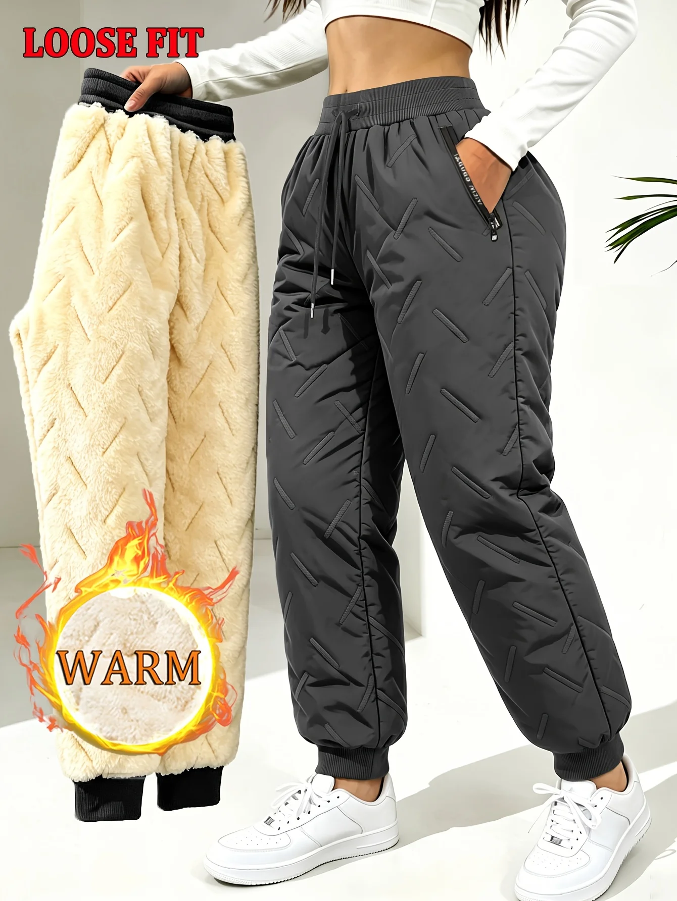 Herren- und Damen-Winter-Fleece-Freizeithosen mit Reißverschlusstaschen für bequeme Passform, Baumwollhosen, winddichte Hosen – Detail 9