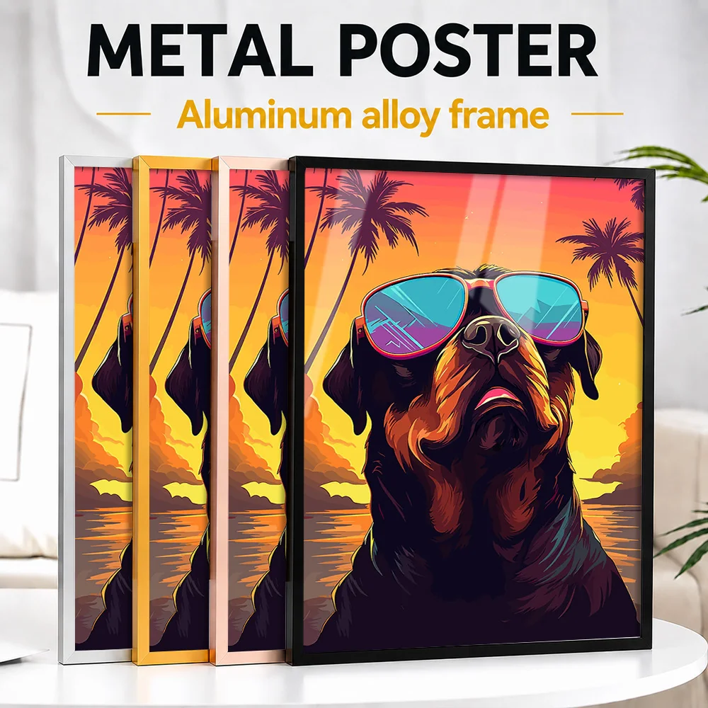 Dog Wearing Sunglasses At Sunset Framed Metal Print Customized Whimsical Pet Tribute Wall Art For Nature Lovers Decorating Cabin