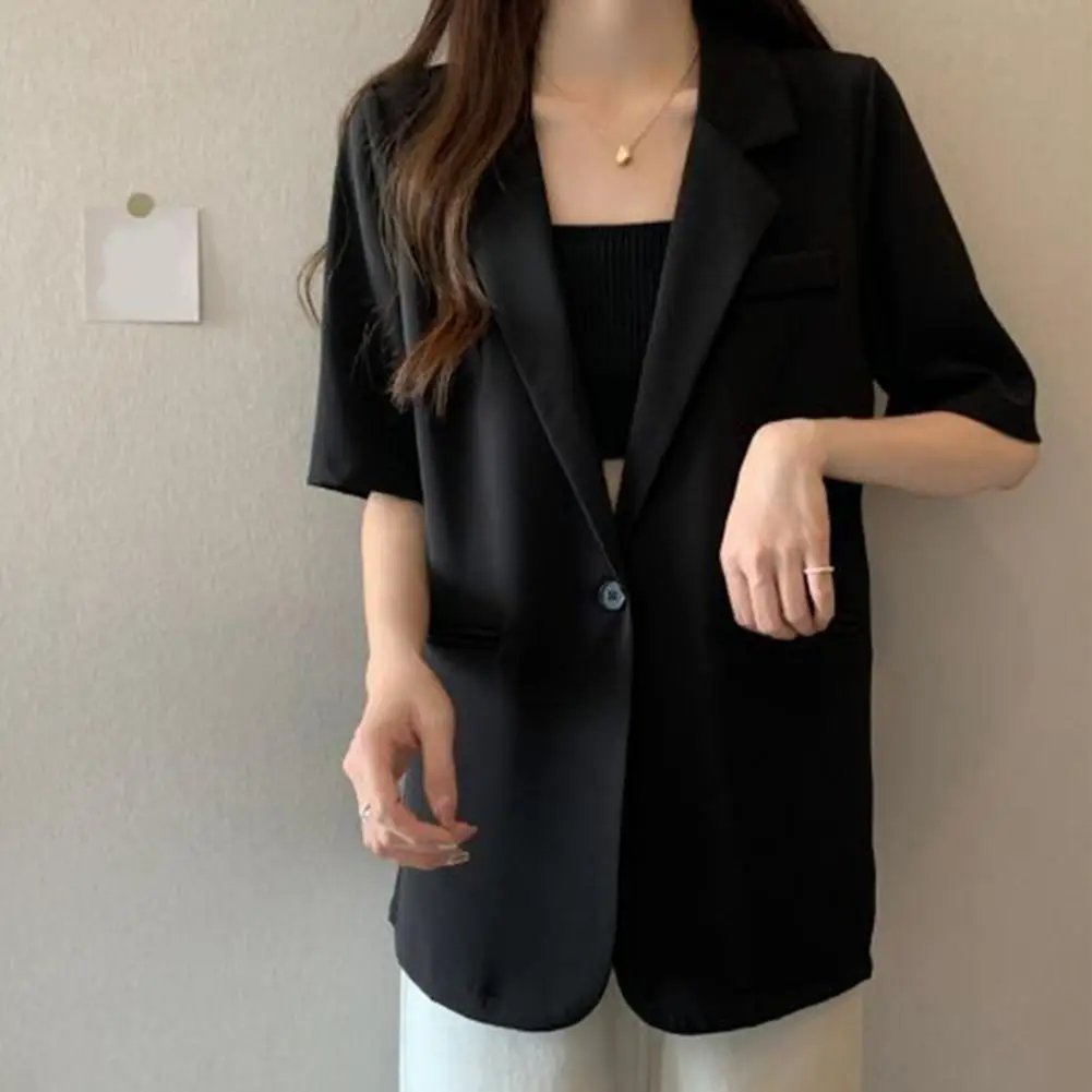 Women Suit Coat Lapel Short Sleeve One Button Closure Suit Jacket Solid Color Loose Fit Casual Work Outwear Business Wear