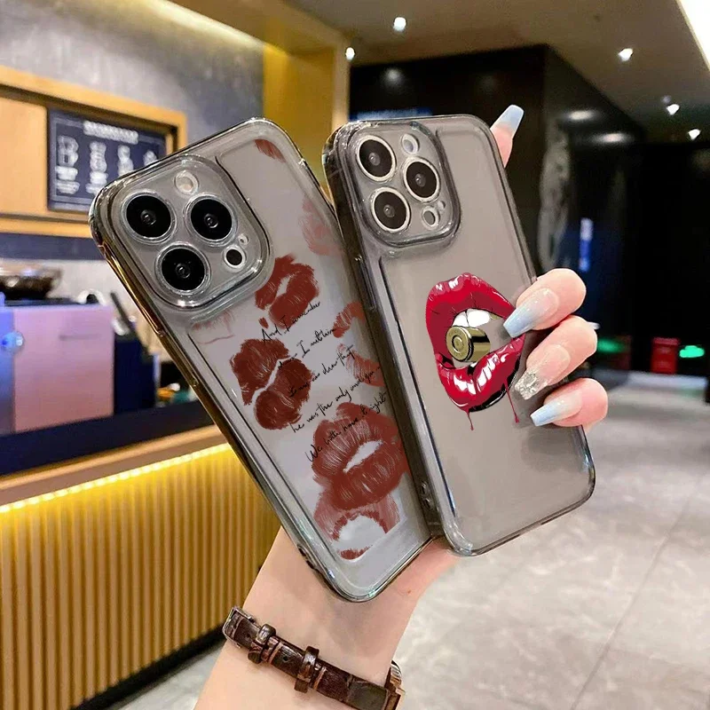 Shockproof Soft Clear Phone Case For iPhone 15 Pro Max Cases iPhone 14 13 12 11 XS X XR 7 8 Plus Cool Red Lip Girl Pattern Cover