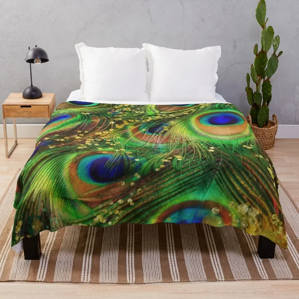 

Fantasy Peacock Feathers laden with gold Throw Blanket Summer Beddings Warm Picnic Decorative Throw Blankets