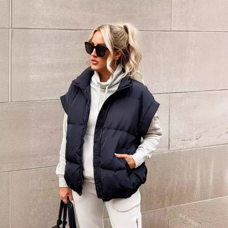 Vest for Women Turtleneck Zipper Sleeveless Casual Chic Parkas Coat Autumn Winter 2024 New Solid Thermal Female Loose Vests