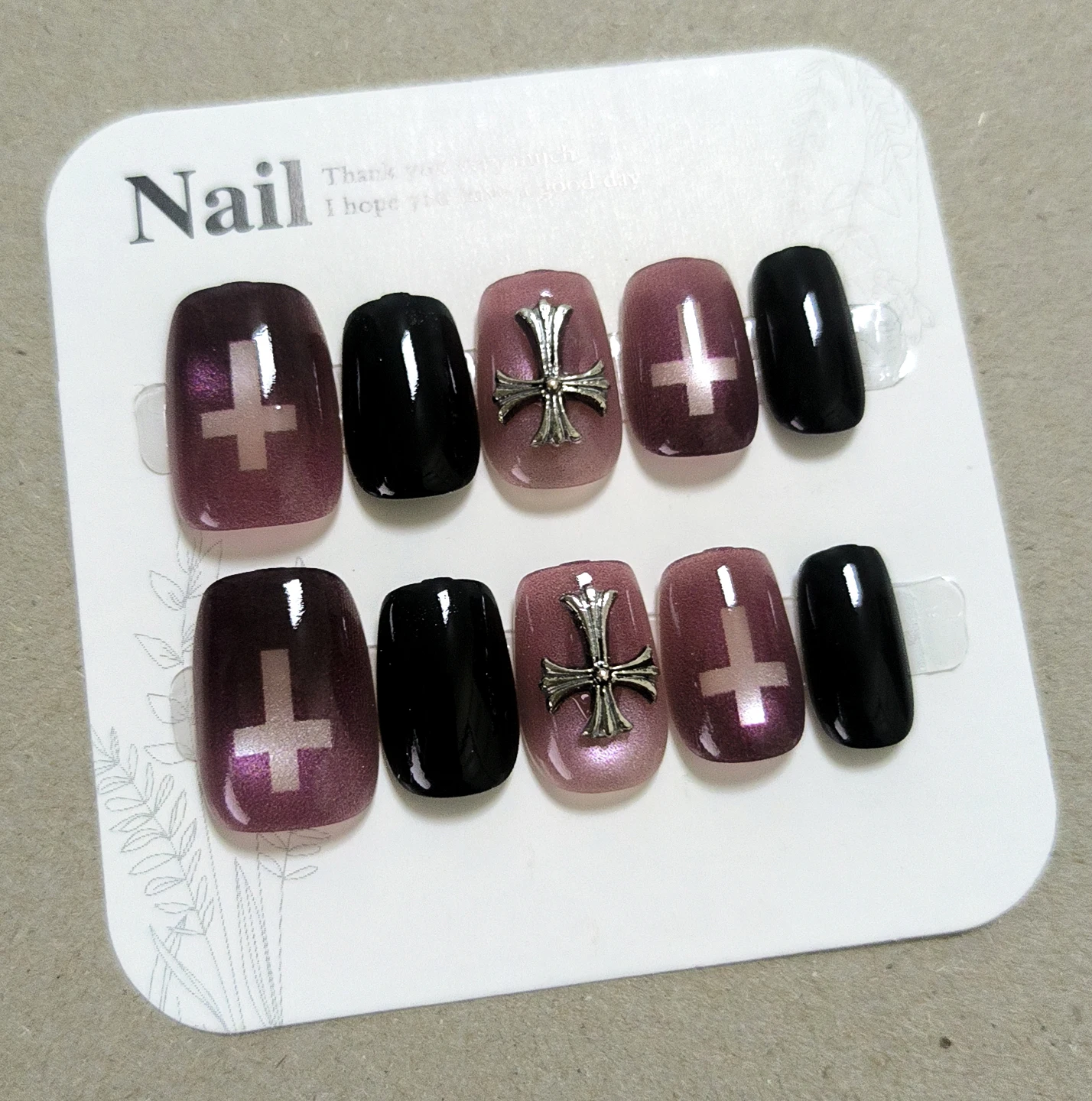 10pcs Black Purple Gothic Style 3d Cross Short Square Cat Eye Press On Fake Nails Cool Reusable Adhesive False Nails