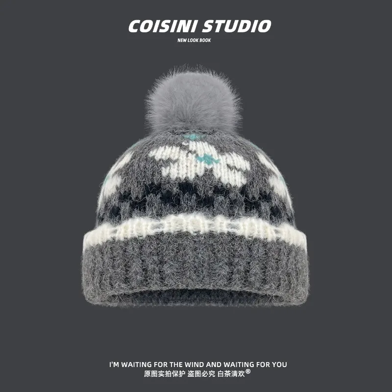 Fair Isle Snowflake Jacquard Pom Pom Beanies for Women Men Vintage Fuzzy Fluffy Knitted Hats Winter Warm Cuffed Skullcap