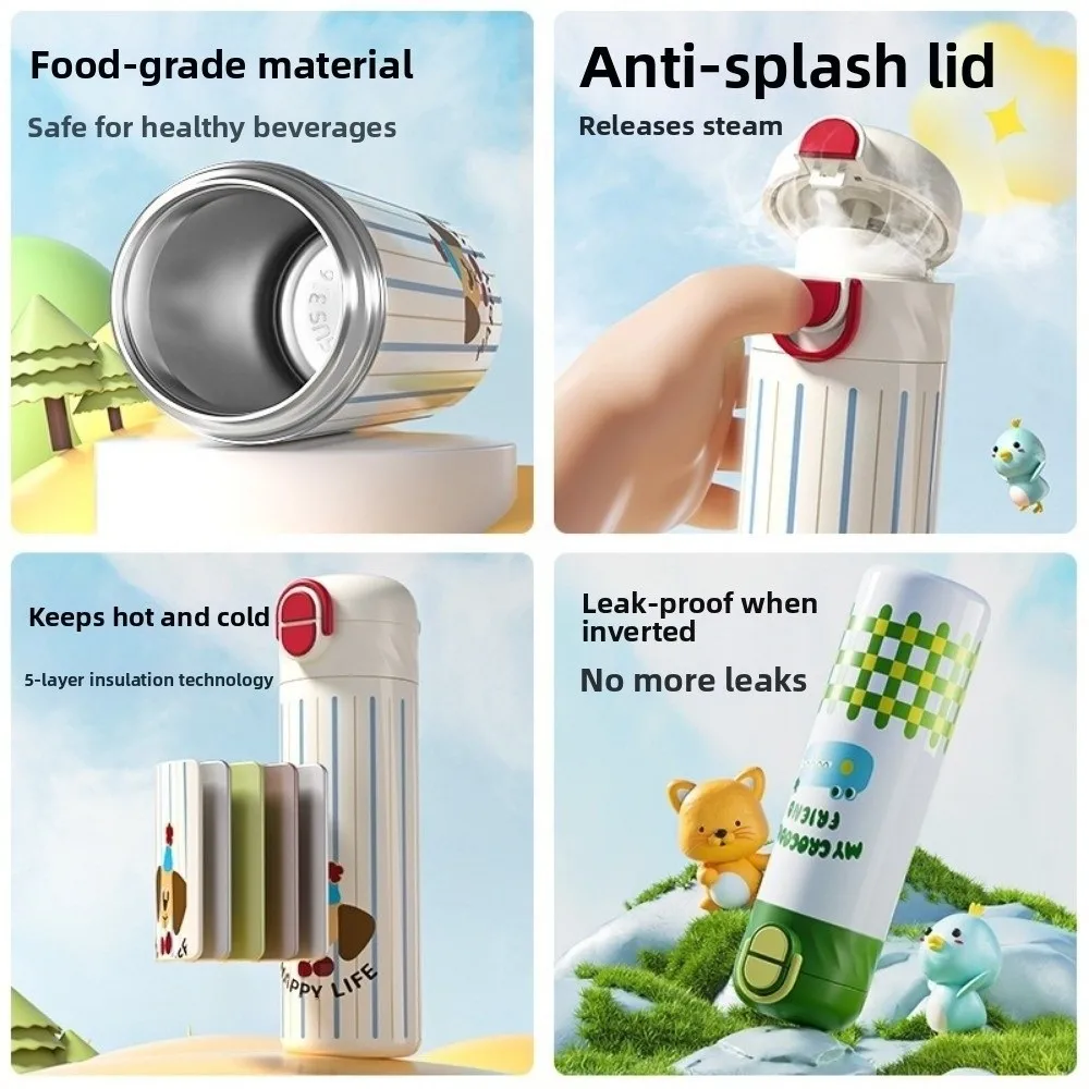 460ml Cartoon Insulation Cup With Straw Leak-Proof Vacuum Flask 316 Stainless Steel Double Drink Thermos Water Bottle Kid