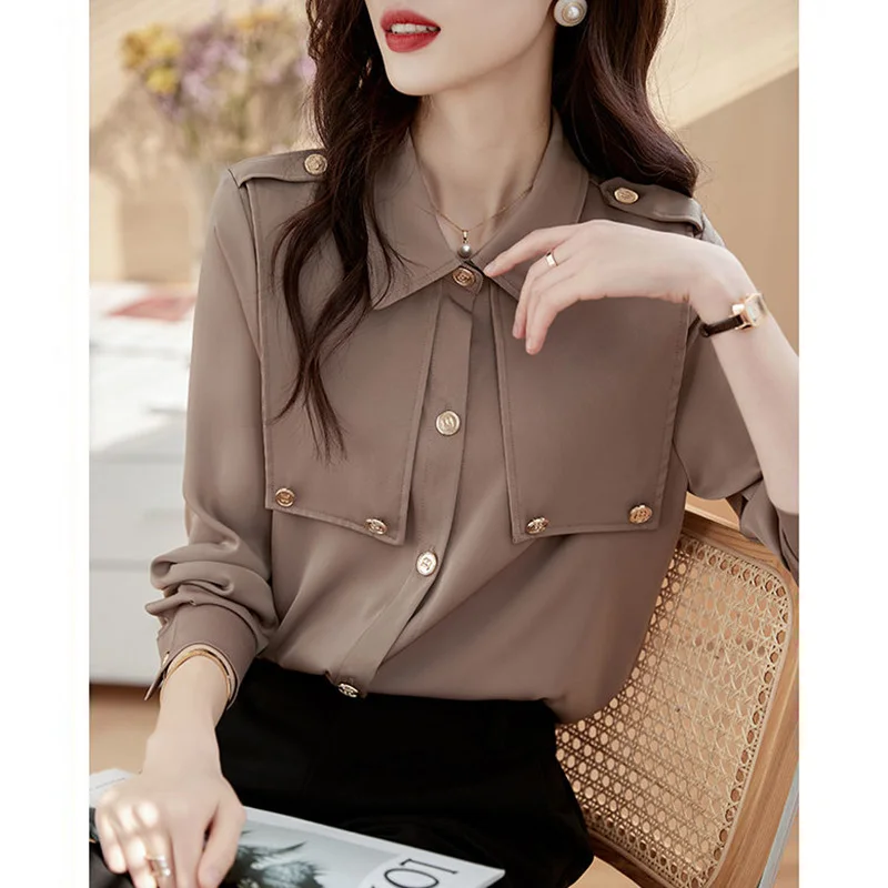 Fashion Lapel Button Solid Color All-match Shirt Female Clothing 2023 Autumn New Casual Tops Loose Office Lady Blouse