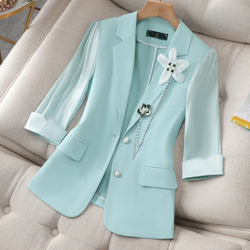 Light Blue Women Suit 1 Piece Blazer V-Neck  3/4 Full Sleeves Flower Beading Formal Office Work Jacket Spring Prom Coat