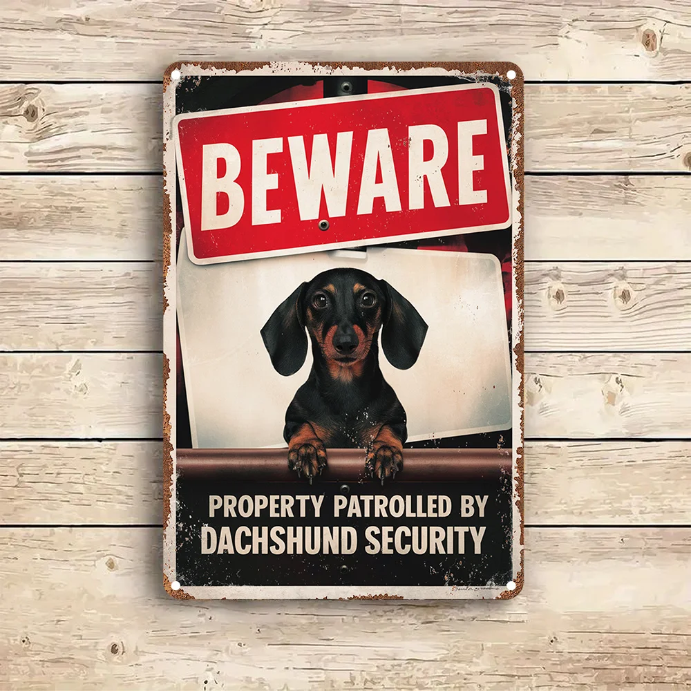 Vintage Dachshund Security Metal Sign, Aluminum Wall Art Decor - Beware Property Patrolled by Dachshund Security Foil Plaque