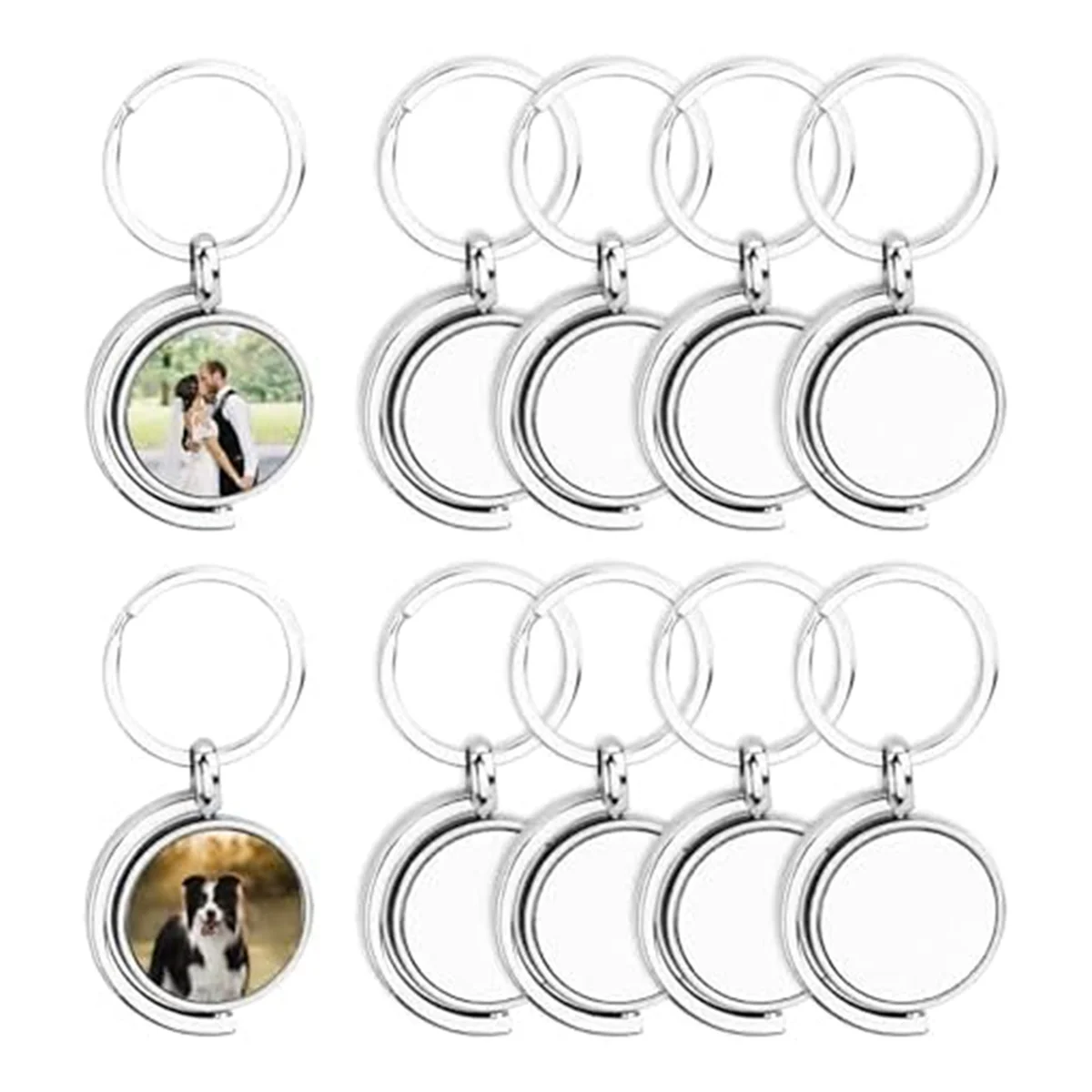 A79G Paquete de 10 360 ° Llaveros en blanco giratorios de sublimación de metal, espacios en blanco de sublimación de doble cara, semicírculo de llavero DIY
