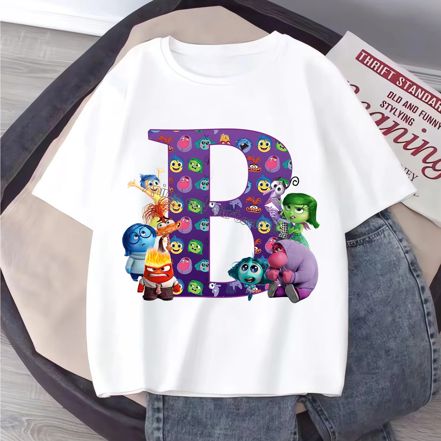 Disney Inside Out 2 T-shirt Children Letter A-Z Clothes Fashion Top Clothing New White Cartoon Short Sleeve Summer Tee Kids Gift