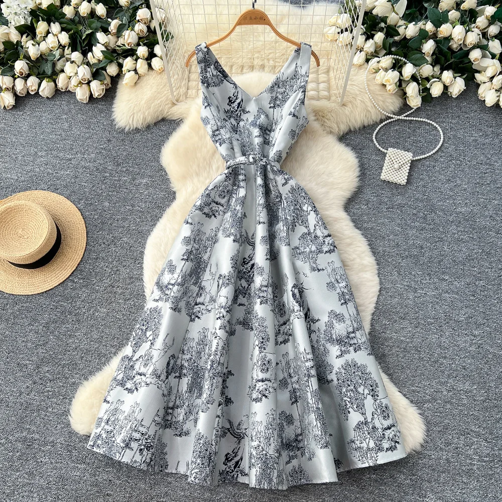 

Women Print Dresses A Line Ankle Lenth Dress Sleeveless V Neck Belt Waist Cinch Large Swing Straight Casual Elegant 2025 Summer