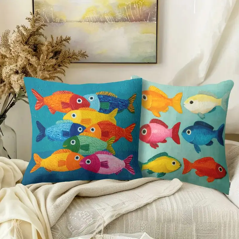 Fun Tropical Fish Print Throw Pillow Covers Set of Four Ocean Life Nautical Coastal Home Decor Cushions Printed Artwork