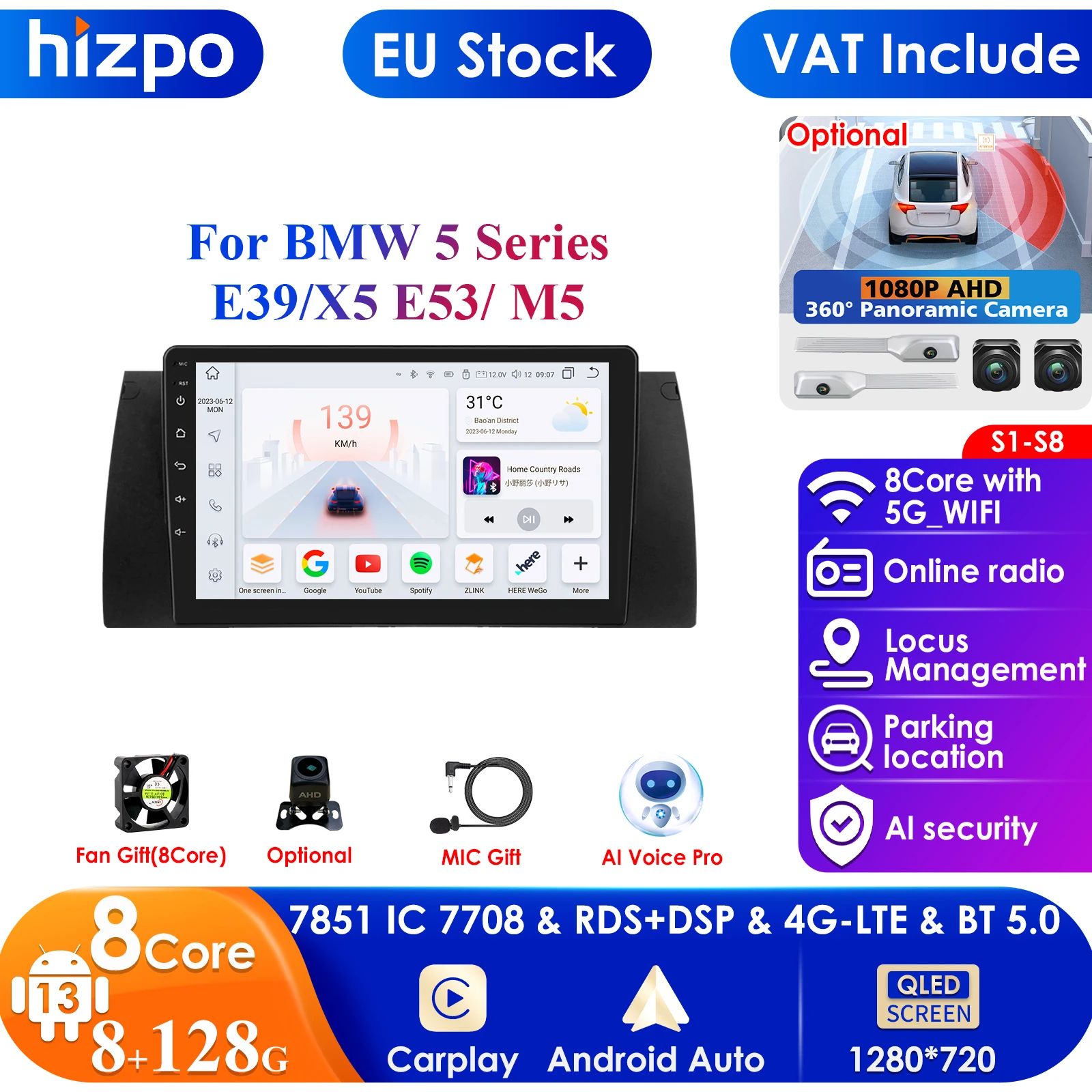 8 + 128G Android 13 Autoradio Lettore Video Multimediale per BMW 5 E39 E53 X5 1995-2001 2002 2003