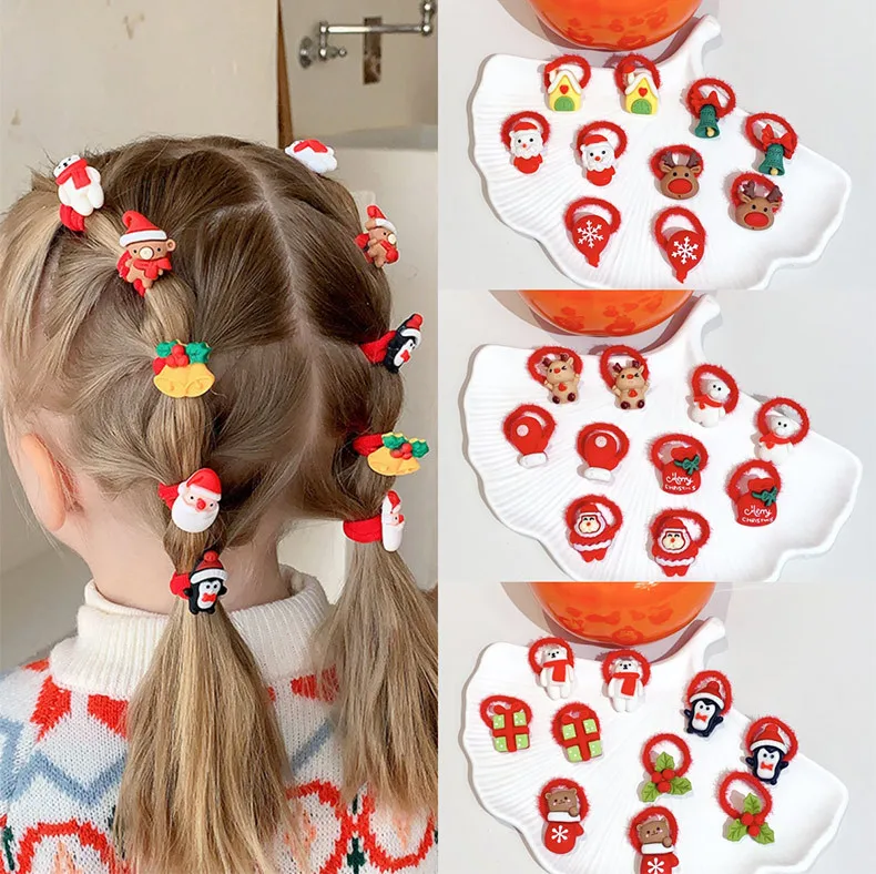 10PCS Kids Girls Christmas Hair Ties Cute Santa Claus Reinde