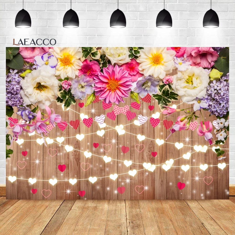 

Laeacco Valentine's Day Wooden Board Background Red Heart Glitter Light Flowers Couple Anniversary Portrait Photography Backdrop