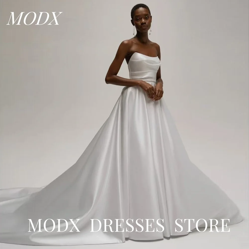 Vestidos de novia MODX sin tirantes simples de satén blanco corte en A sin mangas tren de barrido plisado vestidos de novia hechos a medida de talla grande 2025