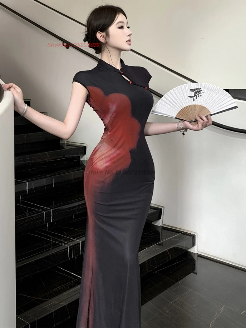 

2025 oriental sexy dress improved cheongsam national flower print sleeveless qipao traditional bodycon banquet evening dress
