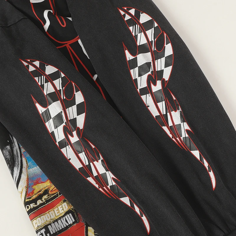 Vintage gewassen Godspeed T-shirts met lange mouwen Rock Roll Tee Skull Racing Driver Print losse streetwear tops heren dames