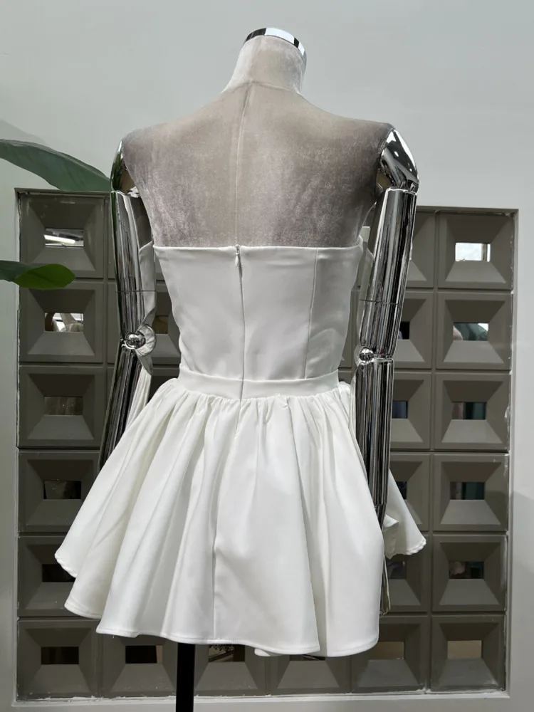 DFDG レディース 2025 春夏 キュートなリボンワンピース オフショルダー ストラップレス カットアウト 鎖骨見せ スリムフィット Aライン ミニ丈 パーティードレス