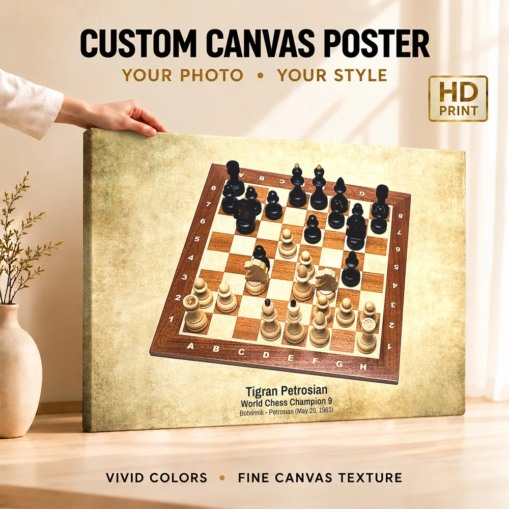 Tigran Petrosian Chess Champion Gallery Wrapped Canvas Print Customized Photo Vintage Annotated Board Wall Art For Game Room