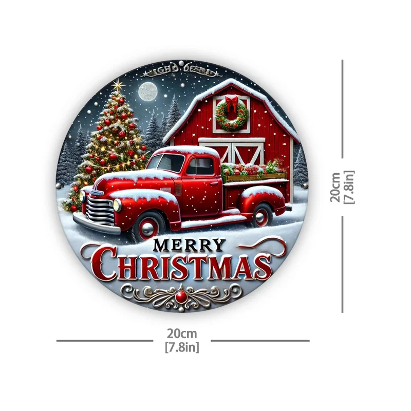 Vintage Red Truck Merry Christmas Sign 8 Inch Round Aluminum Metal Waterproof Wall Decor Farmhouse Decor with Christmas Tree,1pc