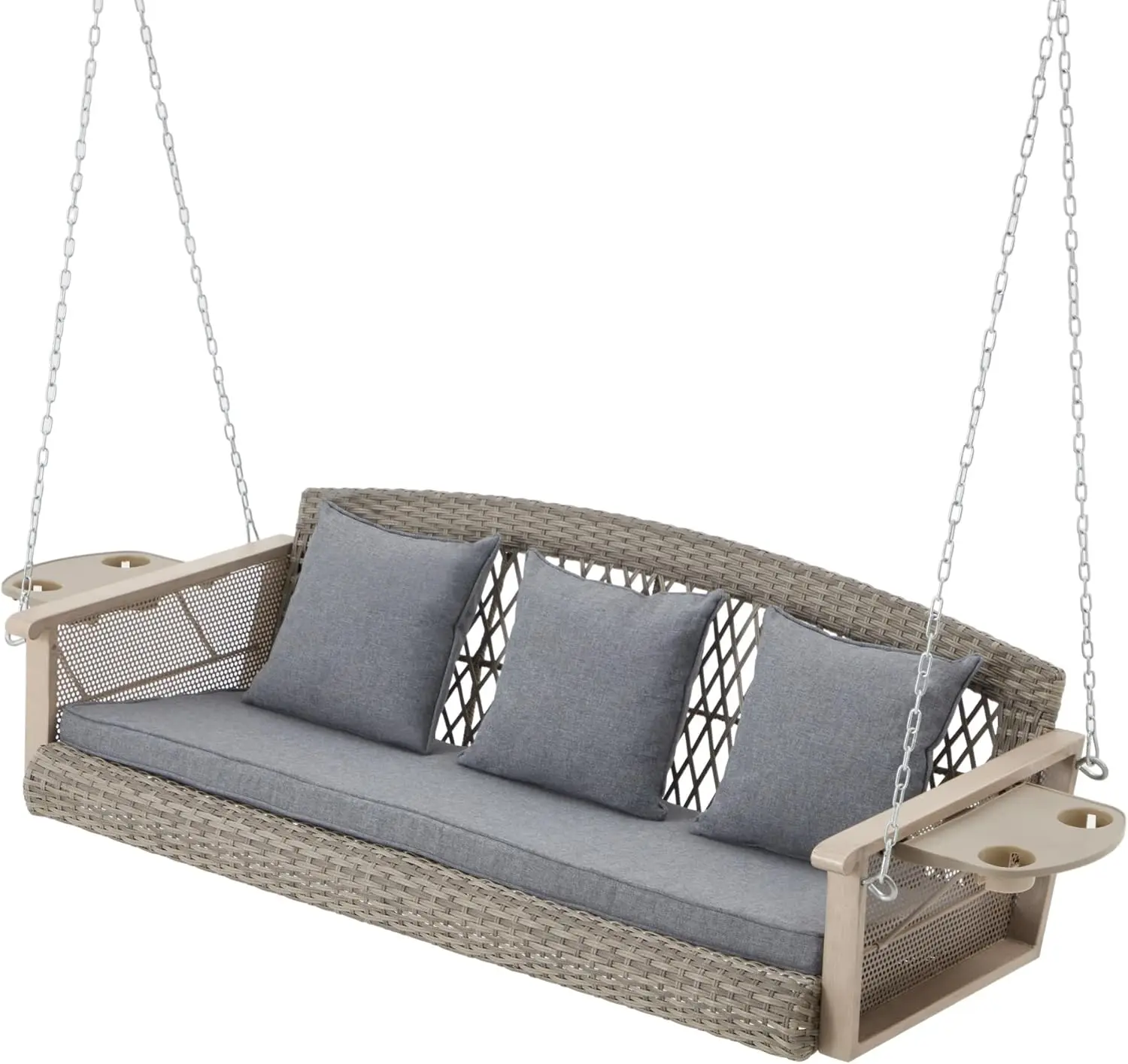 3-Person Porch Swing 55in Wicker Hanging Swing Bench with Cushions Cupholders Swing Chair with Chains 800lbs Capacity