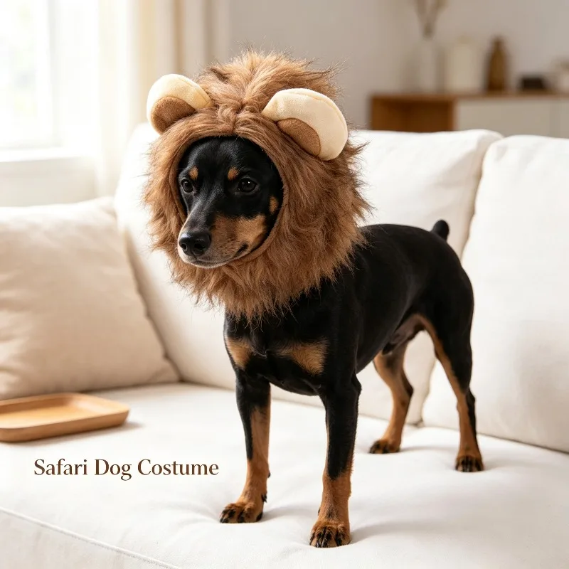 Lustiger Löwenmähnen-Hut für Haustiere, Verstellbare Plüsch-Kopfbedeckung, Halloween-Weihnachtskostüm-Accessoire für Katzen und kleine Hunde – Detail 6