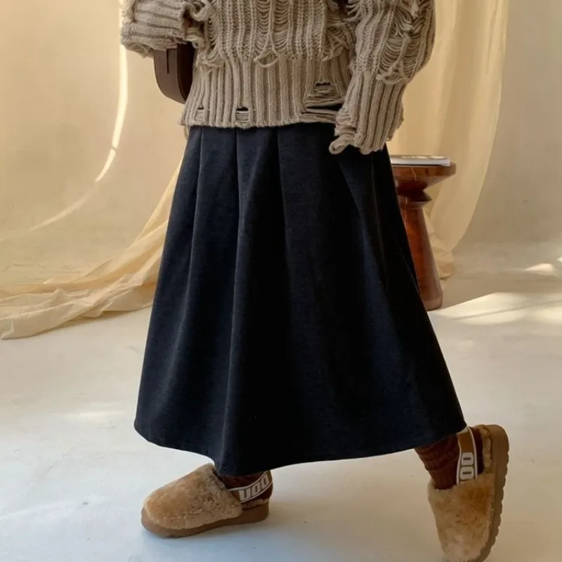 

Girls Grey High Waist A Line Pleated Skirt Elastic Waist Mid Length Woolen Skirt Kids Fashion Winter Autumn Tween