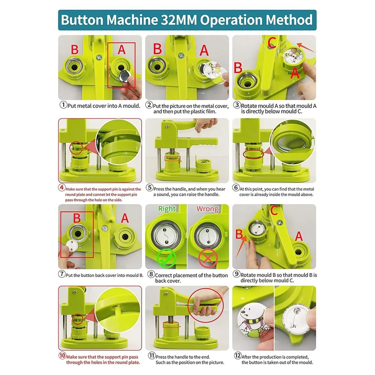 HOUSEHOLD*GOOD Button Maker Machine 32mm (3rd Gen) Installation-Free DIY Pin Badge Press with 100 Button Parts & Cutter