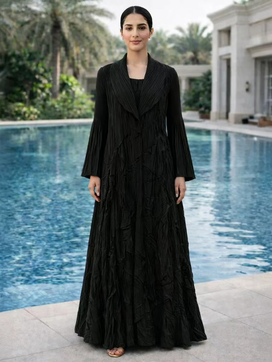 

Heavy-duty crepe textured Dubai robe women's elegant flared long-sleeved cardigan Middle Eastern Arabian clothing