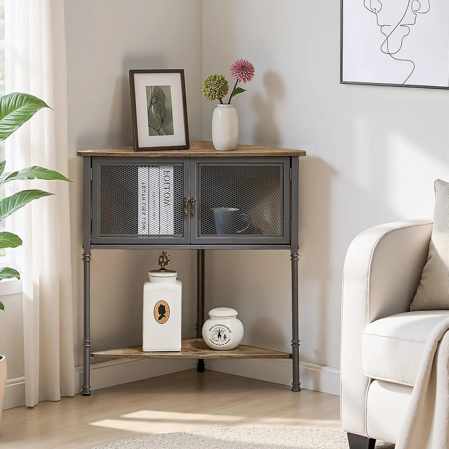 

3 Tier Corner Shelf,Corner Table with Mesh Door and Open-Shelf,Corner Cabinet Stand,Metal Frame Organizer Display Storage