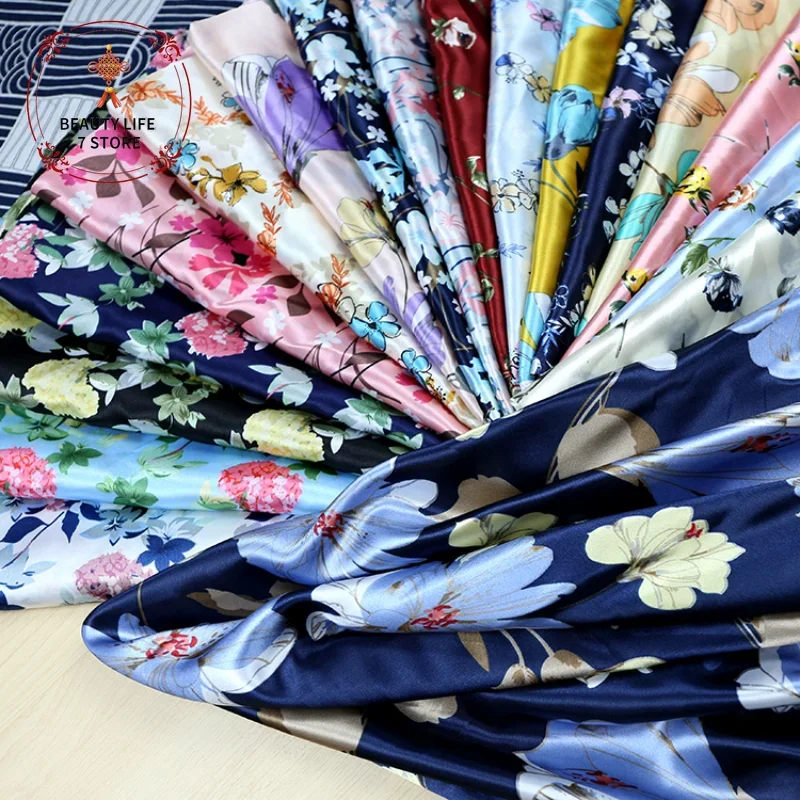 Imitation Silk Satin Fabric Printed Flowers Pattern Charmeuse Cloth for Sewing Clothing Background Tablecloth DIY 150*100cm