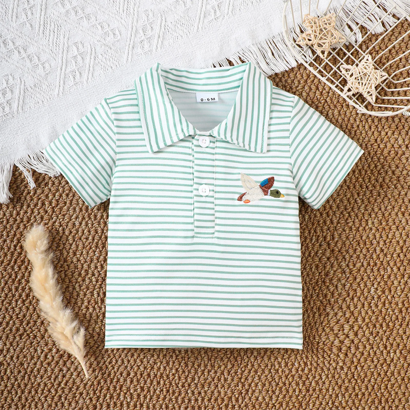 Baby New Cotton Short Sleeved T-shirt Set Round Neck Duck Embroidery Boy Top Clothes And Green Stripe Short Suit Hunter Applique