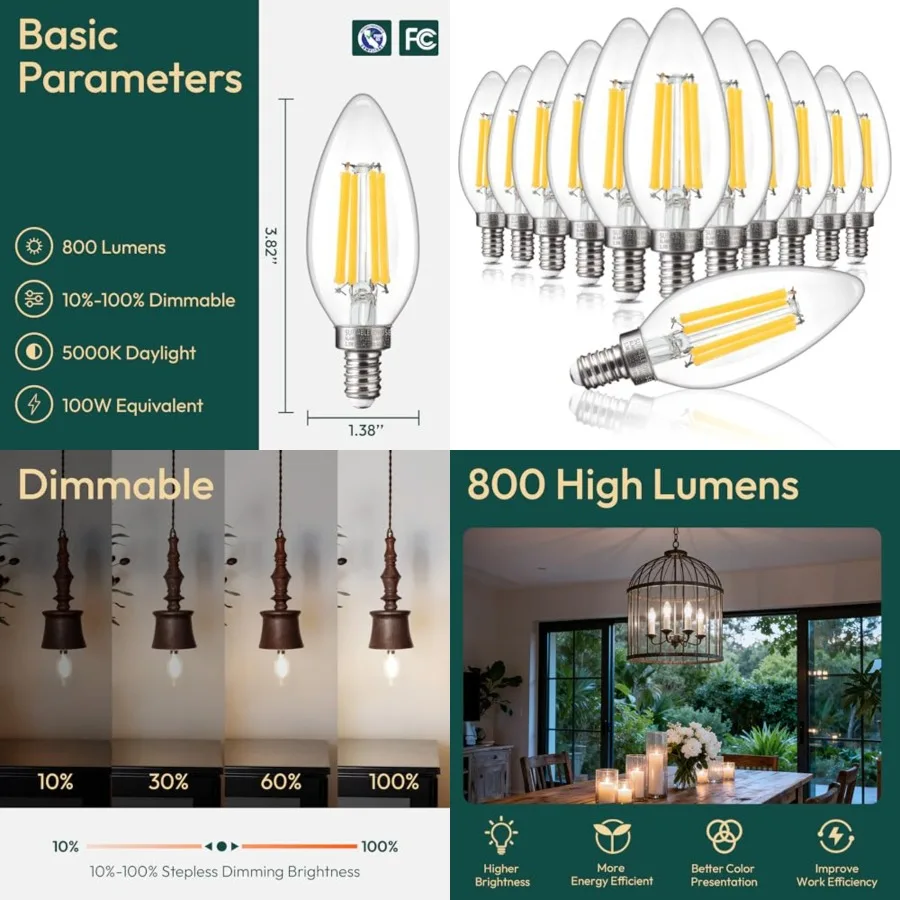 

12 Pack Chandelier Light Bulbs 100 Watt Equivalent, 800LM Bright Dimmable LED Light Bulb, E12 Base, 5000K Daylight White, B11 T