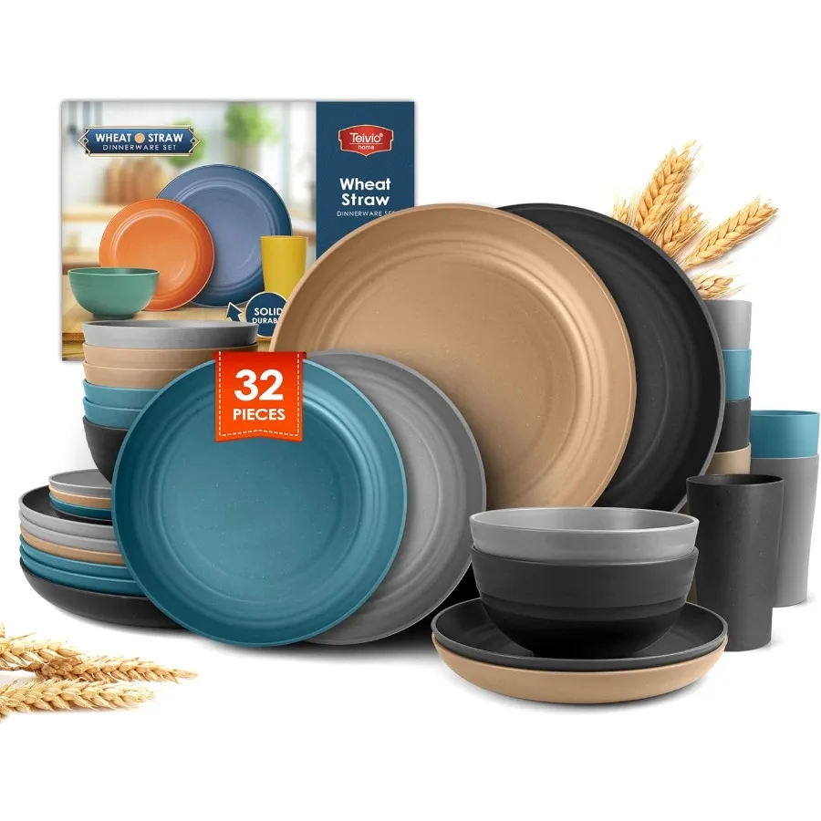 

32Piece Kitchen Plastic Wheat Straw Dinnerware Set Service for 8 Includes Dinner Plates Dessert Plate Cereal Bowls Cups Unbreak