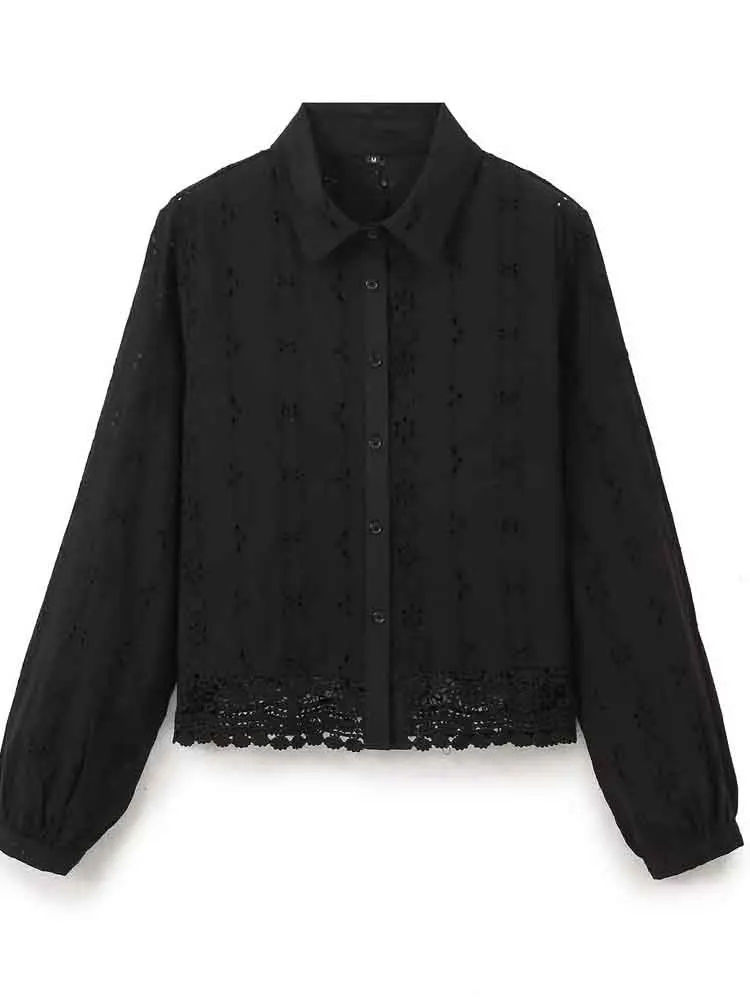 

European style new women's fashion versatile simple temperament solid color hollow embroidery long-sleeved shirt