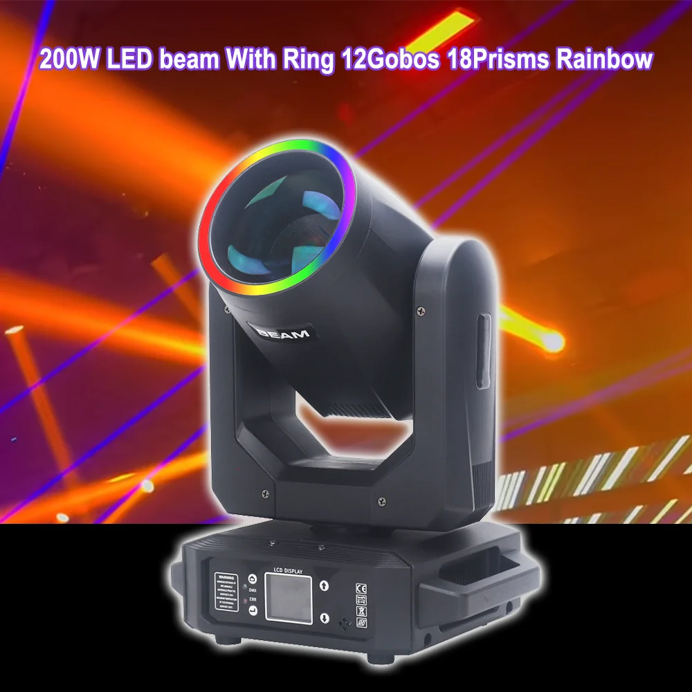 

200W LED beam Moving Head Light With Ring +Spot+18 Rotating Prisms+ 12 Gobos Rainbow Effect for Dj Disco Bar club lighting